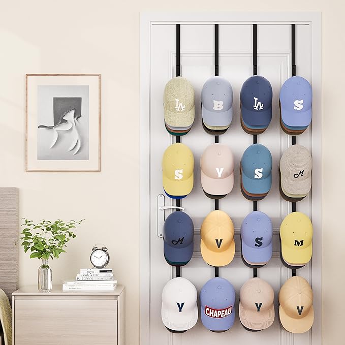 SWTYMIKI Over Door Hat Rack - 4 Packs Metal Hanging Hat Organizer with 16 Hooks Design, Baseball Cap Hanger Organizer Storage Holds up to 80 Caps for Door, Bedroom, Closet