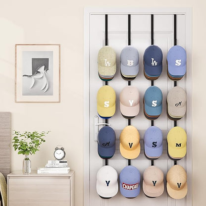 SWTYMIKI Over Door Hat Rack - 4 Packs Metal Hanging Hat Organizer with 16 Hooks Design, Baseball Cap Hanger Organizer Storage Holds up to 80 Caps for Door, Bedroom, Closet