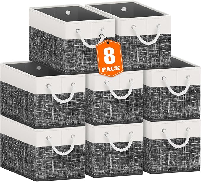 Fab totes Storage Bins 8-Pack, Foldable Storage Baskets for Organizing Toys, Books, Shelves, Closet, Large Storage Box with Rope Handles, Sturdy Organizer Bins, White & Black