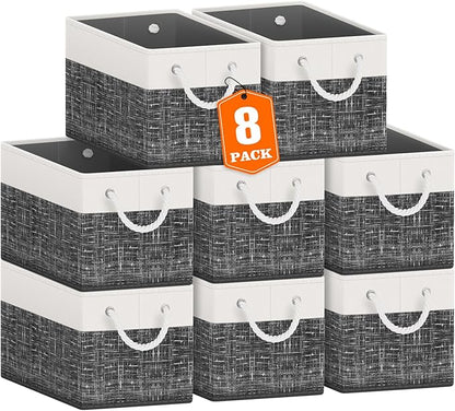 Fab totes Storage Bins 8-Pack, Foldable Storage Baskets for Organizing Toys, Books, Shelves, Closet, Large Storage Box with Rope Handles, Sturdy Organizer Bins, White & Black