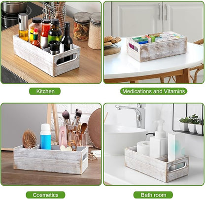 DRASTAR Pantry Organization and Storage Bins, Seasoning Packet Organizer with Removable Dividers,Wooden Storage Caddy for Kitchen, Pantry, Cabinet, Countertop， Whitewashed