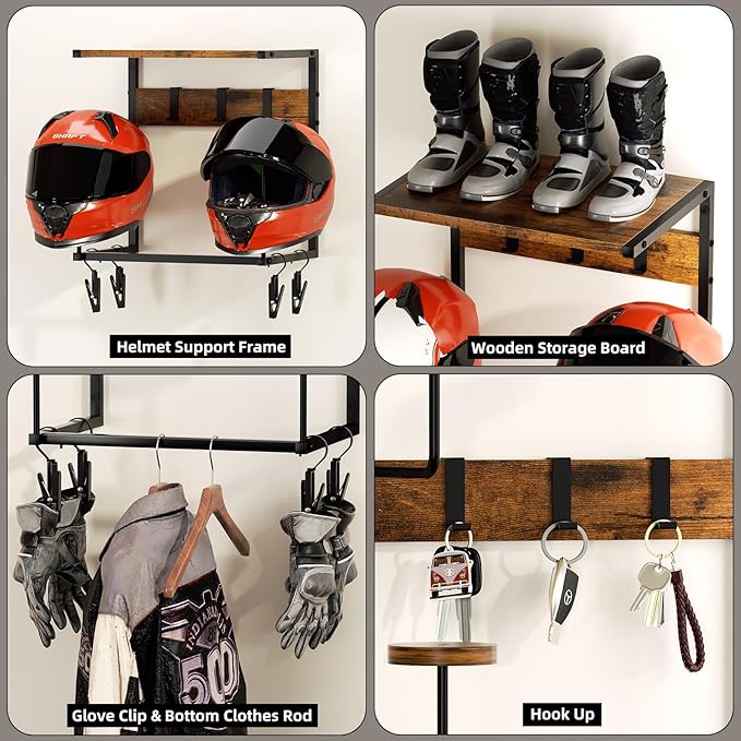 Urban Deco Motorcycle Helmet Holder Wall Mount, Helmet Rack with 2 Hat Stands, Helmet Stand for Display Wall Mount, Motorcycle Accessories Gear Storage for Men, Small