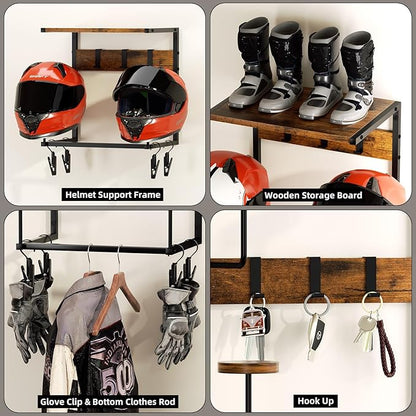Urban Deco Motorcycle Helmet Holder Wall Mount, Helmet Rack with 2 Hat Stands, Helmet Stand for Display Wall Mount, Motorcycle Accessories Gear Storage for Men, Small