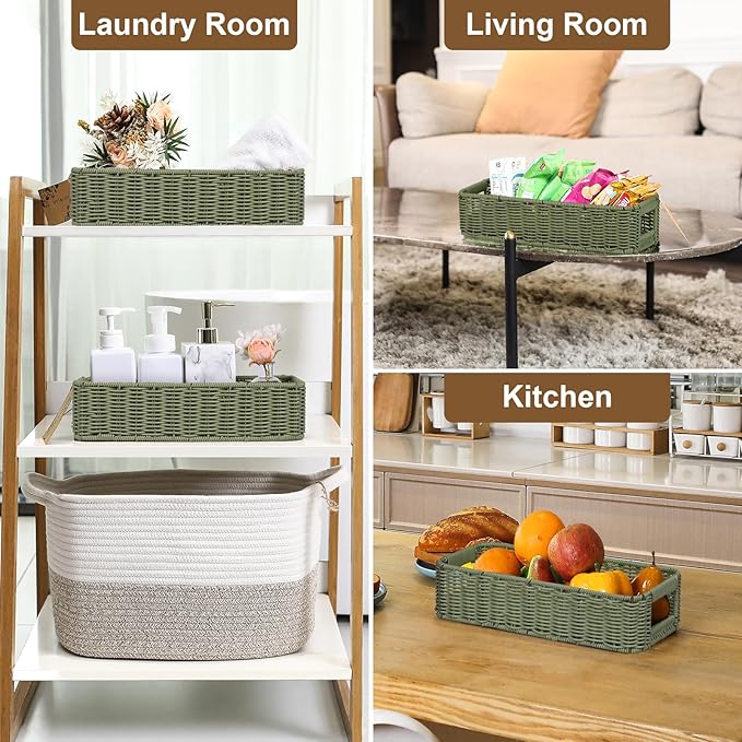 Storage Wicker Basket Decor: Green Decorative Storage Bin for Countertop and Shelves - Waterproof Toilet Paper Basket over Toilet Tank