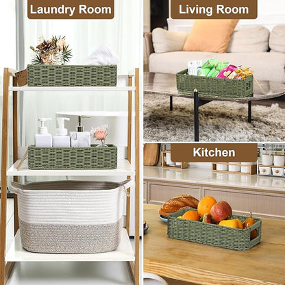 Storage Wicker Basket Decor: Green Decorative Storage Bin for Countertop and Shelves - Waterproof Toilet Paper Basket over Toilet Tank