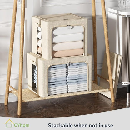 CYhom Clothes Storage Bins Box - Linen Fabric Foldable Stackable Container Organizer Set with Clear Window & Carry Handles & Metal Frame - 2Pack Large Capacity for Bedding, Blankets, Books
