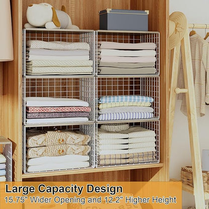 6 Pack Closet Organizers And Storage, Stackable Closet Shelf Organizer Storage Bin Basket For Clothes Sweaters With Top Board, Widened Opening, Heightened Height, Large Capacity, Sturdy, Space-saver
