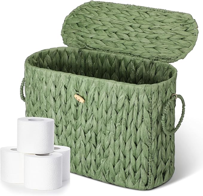 Kathfly Sage Green Toilet Paper Storage Basket with Lid Wicker Woven Bathroom Basket Toilet Paper Holder Holds up to 6 Mega Rolls Woven Organizer for Home Bathroom Kitchen Offices