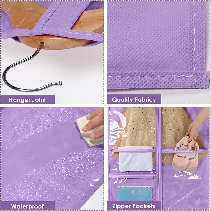 Univivi Dance Costume Bags Garment Bag 40 Inch Hanging Clothes for Dance Competitions, with 3 Medium Clear Zipper Pockets for Dance Costumes, Closet Storage (Purple) - 4 Pack