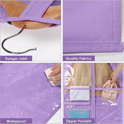Univivi Dance Costume Bags Garment Bag 40 Inch Hanging Clothes for Dance Competitions, with 3 Medium Clear Zipper Pockets for Dance Costumes, Closet Storage (Purple) - 4 Pack