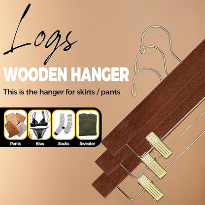 Quality Hangers Wooden Pants Hangers - 100-Pack Swivel Hook Cloth Hanger Set - Lotus Wood Skirt, Pant, Shorts and Slack Hangers with Adjustable Clip – Clothing Hanger Set (Walnut - Gold Hook, 100)