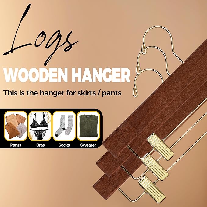 Quality Hangers Wooden Pants Hangers - 20-Pack Swivel Hook Cloth Hanger Set - Lotus Wood Skirt, Pant, Shorts and Slack Hangers with Adjustable Clip (Walnut - Gold Hook, 20)