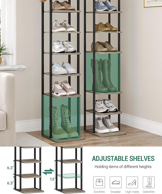 Hzuaneri 10 Tiers Vertical Shoe Rack, Narrow Shoe Tower, Tall Shoes Shelf with 2 Hooks, Adjustable Shelves, Corner Shoes Shelves for Small Spaces, Entryway, Living Room, Greige SR11205B