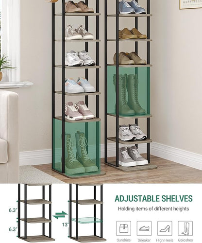 Hzuaneri 10 Tiers Vertical Shoe Rack, Narrow Shoe Tower, Tall Shoes Shelf with 2 Hooks, Adjustable Shelves, Corner Shoes Shelves for Small Spaces, Entryway, Living Room, Greige SR11205B