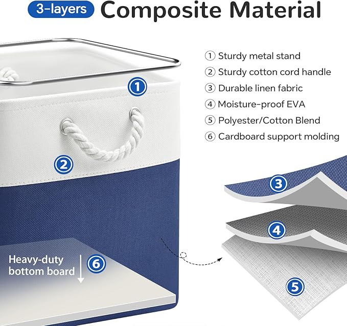 13 x 13 Inch Cube Storage Bins, 6 Pack Fabric Storage Basket with Handles, Foldable Boxes Organizer for Shelf Baskets for Home, Clothes (White/Blue)