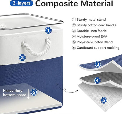 13 x 13 Inch Cube Storage Bins, 6 Pack Fabric Storage Basket with Handles, Foldable Boxes Organizer for Shelf Baskets for Home, Clothes (White/Blue)