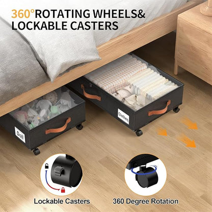 Under Bed Storage Containers with Wheels Large Underbed Shoes Blankets Clothes Toy Storage Drawers for College Dorms Bedrooms Nursery Rooms Organization (Black 2 Pack, 6.6in height(30.3"x15.7"x6.6"))