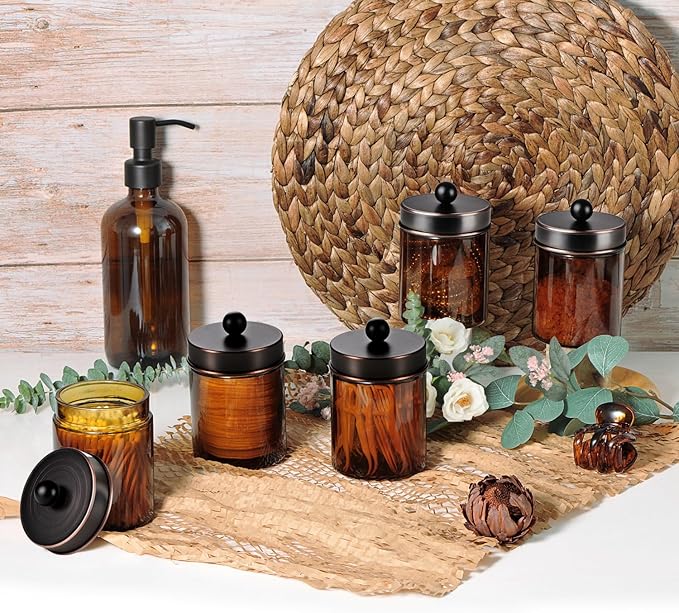 Amolliar Amber Glass Qtip Holder, Apothecary Jars with Oil Rubbed Bronze Metal Lid & Stickers-Bathroom Qtip Dispenser Storage Organizer Set,Vanity Counter Canister for Cotton Swabs,Round Floss(2 Pack)