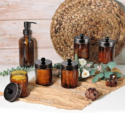Amolliar Amber Glass Qtip Holder, Apothecary Jars with Oil Rubbed Bronze Metal Lid & Stickers-Bathroom Qtip Dispenser Storage Organizer Set,Vanity Counter Canister for Cotton Swabs,Round Floss(2 Pack)