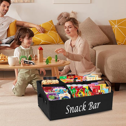 Snack Organizer for Countertop, Fabric Snack Bar Station with Handles, 6 Compartment Container, Black 【Patent Pending】