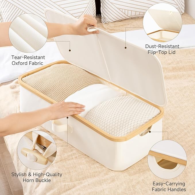 StorageWorks Underbed Storage Containers with Lids, 2-Pack 7" Low Profile Under Bed Storage Box with Bamboo Frame for Clothes, Bedding, Blankets and Shoes, 42L Sturdy Fabric Organizer, Beige