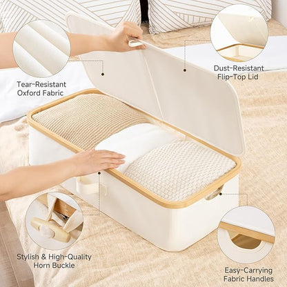 StorageWorks Underbed Storage Containers with Lids, 2-Pack 7" Low Profile Under Bed Storage Box with Bamboo Frame for Clothes, Bedding, Blankets and Shoes, 42L Sturdy Fabric Organizer, Beige