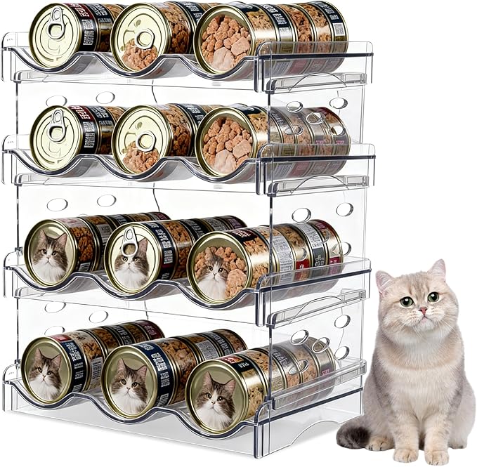 Cat Food Can Organizer, 4 Tier Can Organizer for Pantry, Transparent Acrylic Cat Food Storage Container Holds 72 (3.5oz) Cans, Can Rack Organizer for Countertop Kitchen Cabinet