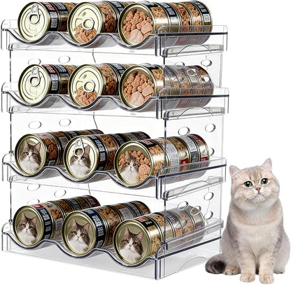 Cat Food Can Organizer, 4 Tier Can Organizer for Pantry, Transparent Acrylic Cat Food Storage Container Holds 72 (3.5oz) Cans, Can Rack Organizer for Countertop Kitchen Cabinet