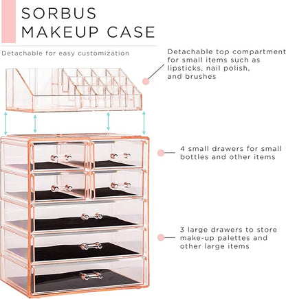 Sorbus Acrylic Makeup Organizer Set, 7-Drawer Vanity & Countertop Cosmetic Storage with Small & Wide Compartments, Pink Makeup Storage for Brushes, Jewelry – Holiday Gift for Women & Teens