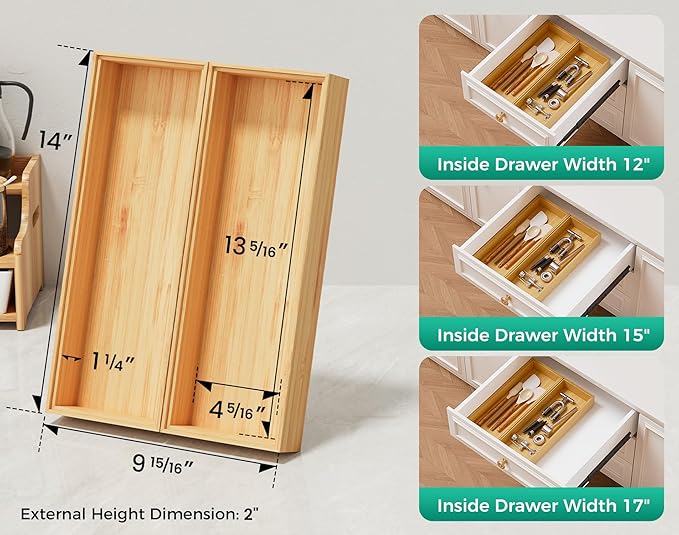 Bamboo Kitchen Drawer Organizer Boxes – 14" x 5" Stackable Wood Silverware Utensil Tray for Drawers Bins Cutlery & Flatware Storage – Wooden Pantry Organizers Set of 2 for Junk Drawer Bathroom Rv