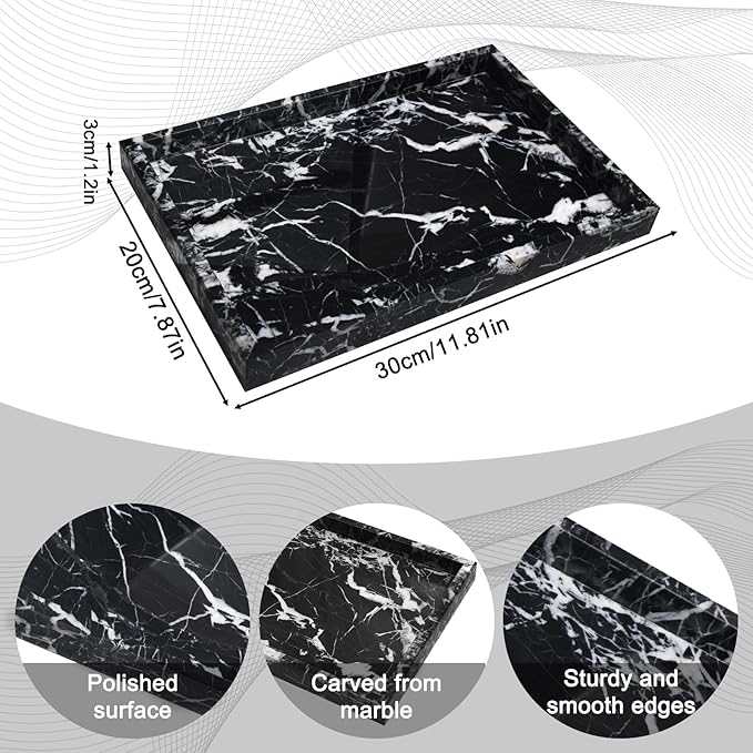 Pure Natural Marble Tray for Bathroom, Dresser, Sink. Cosmetics, toiletries, perfumes, Jewelry, Candles, etc. can be Placed (Black Onyx, 12" x 8" x 1.2")