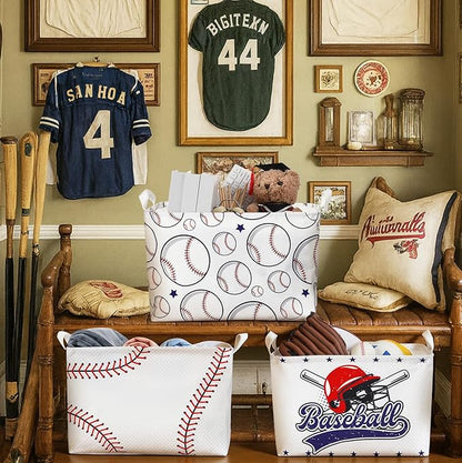 CHENGU 3 Pcs Baseball Baskets Storage Baseball Basket for Gifts Collapsible Waterproof Canvas Cube Sports Storage Bin Organizer with Handles for Clothes Toys Balls Shelf Nursery Boxes Decor