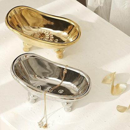 5.6" Ceramic Mini Bathtub Soap Dish Decortative Clawfoot Bathroom Soap Dish (Silver)