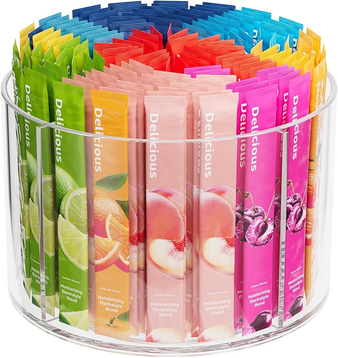 Divided Drink Packet Organizer, Rotating Turntable Organizer, Clear Lazy Susan for Powdered Drink Mix, Water Drink Packet Holder