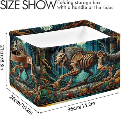 Large Storage Basket Skeletal Wolf Storage Bin Cube Canvas Fabric Organizer Handles Collapsible for Clothes Toys Bedroom Decorative