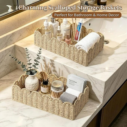 Upgraded Scalloped Wicker Toilet Paper Storage Basket, Handwoven Paper Rope Organizer for Toilet Tank & Shelves, Living Room, Bedroom & Entryway, Decorative Woven Bin, Beige L