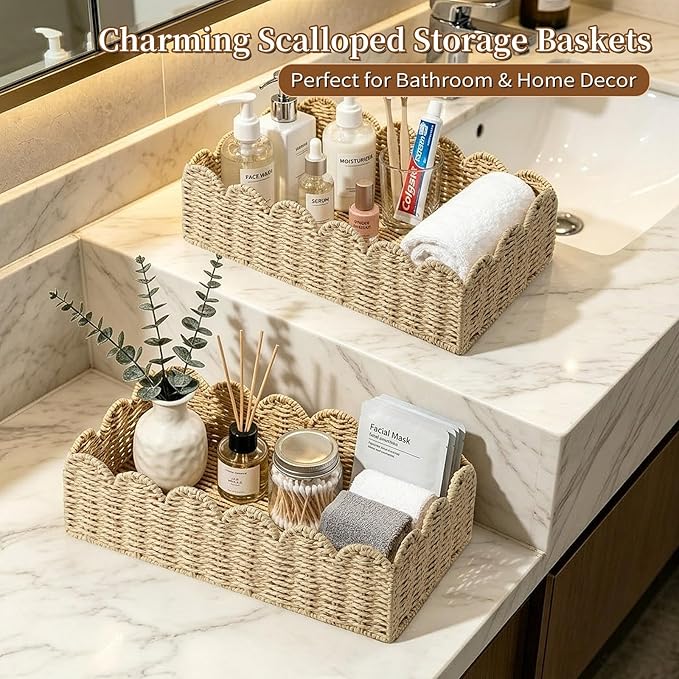 2 Pack Scalloped Wicker Shelf Baskets，Handwoven Paper Rope Basket Organizer for Toilet Tank & Shelves, Decorative Woven Storage Bin for Living Room, Bedroom & Entryway, Beige