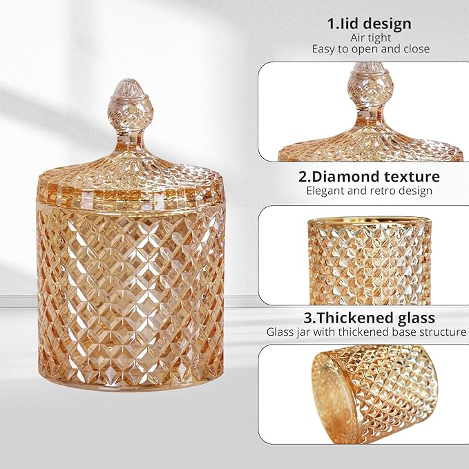 R FLORY 2 Pack Qtip Holder Glass Apothecary Jars with Lids Bathroom Storage Organizer for Cotton Swabs, Balls, Pads, Floss Picks, Vanity Storage Containers for Makeup, Candy, Jewelry (10+24oz, Amber)