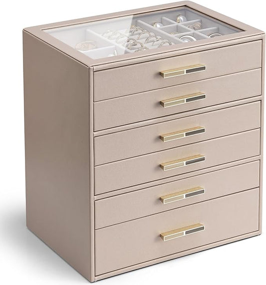 VLANDO 6 Layer Jewelry Box for Women, Glass Lid Jewelry Organizer with 6 Drawers for Necklaces Rings Earrings Bracelets - Toffee