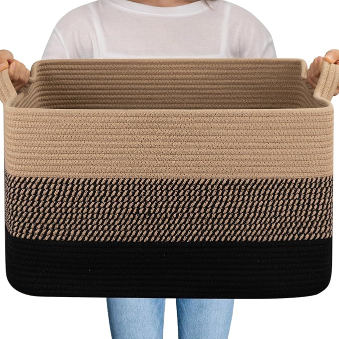 OIAHOMY Large Blanket Basket, 65L Cotton Rope Woven Laundry Basket, Toy Bin for Baby Room, Container for Blanket Storage in Living Room, 20''×16''×12'', Brown & Black