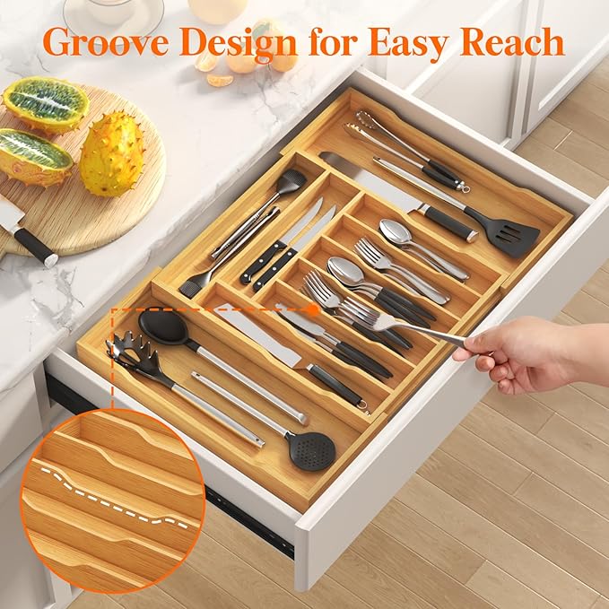 Lifewit Silverware Drawer Organizer, Expandable Utensil Tray for Kitchen, Flatware and Cutlery Holder, Wood Adjustable Storage for Spoons Forks Knives, 17-28 x 18.5, Natural