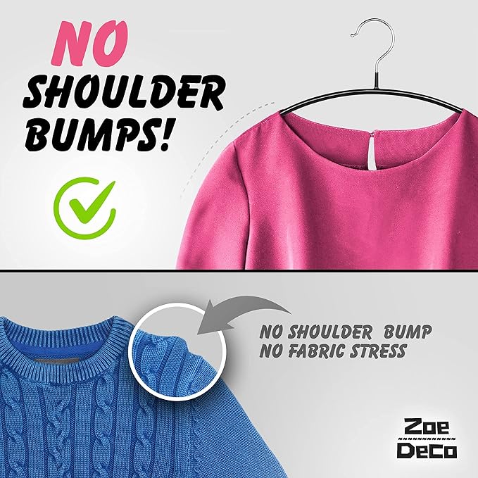 Clothes Hangers - 20 Pack, Black - Solid Premium Steel Iron Clothing & Sweater Hangers - Non-Slip No Shoulder Bumps with Grippy Coating - Sleek, Slim & Rounded - Space Saving Solution - by Zoe Deco