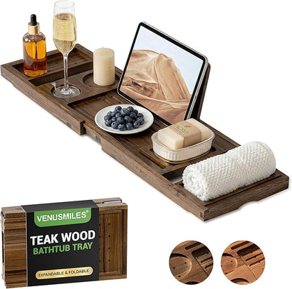 Venusmiles Teak Bathtub Tray Caddy, Foldable Bath Tray with Expandable Handles, Wine Glass and Phone Holders, Book Stand, for Home Spa Relaxation, Luxury Bathroom Accessories - Dark Walnut Color