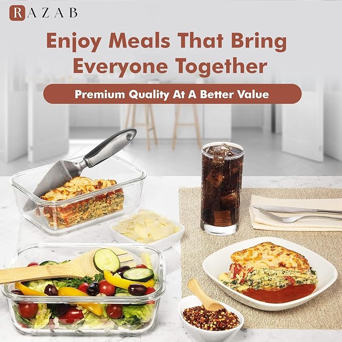 Razab 4 PC 1860ml / 63 Oz / 8 Cups Large Glass Food Storage Containers with Lids - Glass Meal Prep Containers for Roasting & Storing Leftover, Lunch Container with Lids, Microwave & Oven Safe