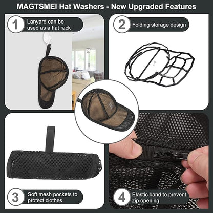 MAGTSMEI Hat Washer Cage, Detachable Folding Plastic Frame & Mesh Bag for Baseball, Wide-Brim Hats, Machine Wash Safe for Sports, Travel, Family Use (Black, 1PC)