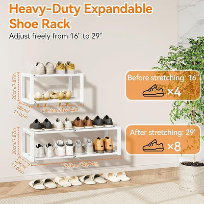 IBUYKE 2 Pack Wall Mounted Shoe Rack, 16"-29” Expandable Hanging Shoe Organizer for 12-16 Pairs, Space Saving Metal Wall Shoe Storage for Entryway Closet, White TXJ001W-2