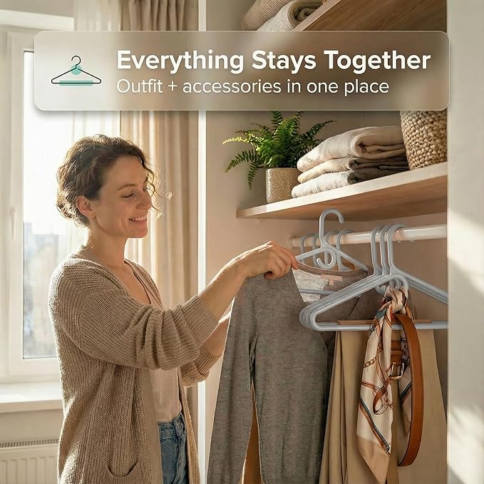 DEILSY™ Gray Heavy Duty Hangers with Hooks for Scarves & Belts – Thick and Strong Clothes Hangers for Shirts, Jackets, Pants, and Dresses – Space-Saving Plastic Hangers – Pack of 50