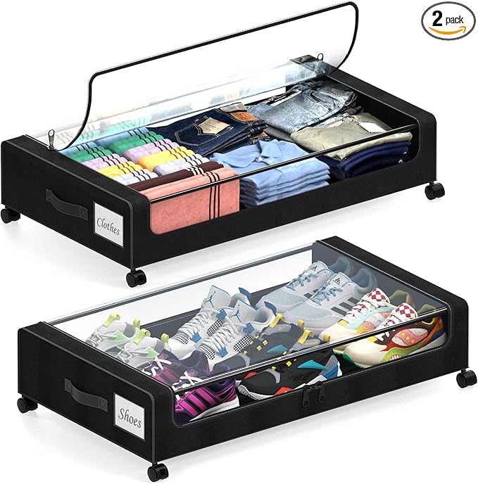 Under Bed Storage with Wheels, 2 Pack Under Bed Storage Containers with Clear Lids, XXL 65L Under Bed Storage Organizer, Rolling Under Bed Metal Drawer for Blanket, Clothes, Shoes (31 x 17 x 6.69 in)