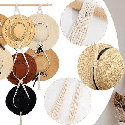 ZYP 7 Hats Style Macrame Hat Hanger Hat Rack for Wall,Women Decor Hat Holder,Bobo Hanging Hat Organizer Storage,Hats Display for Wide Brim Hats Cowboy Hat Bowler Fedora Hats Beach Sun Hat