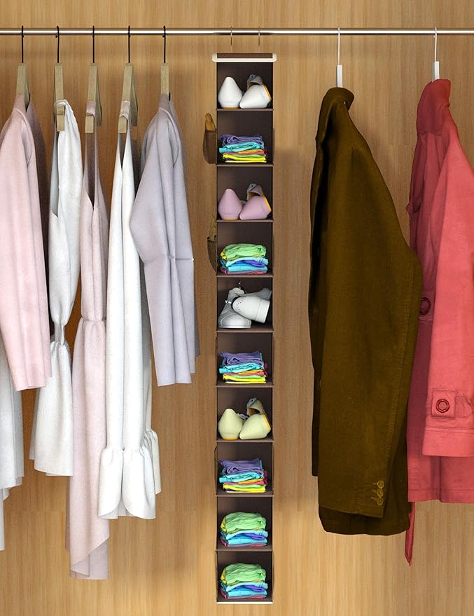 Libeder Shoe Organizer for Closet,10-Shelf Hanging Shoe Rack Organizer Closet Organizers and Storage Shelves Shoes Holder with 6 Mesh Side Pockets Coffee Coffee
